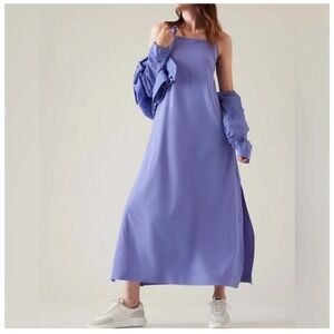 Athleta Sz M Hayes Pleated Maxi Dress Side Slit Pockets Periwinkle Blue SP21